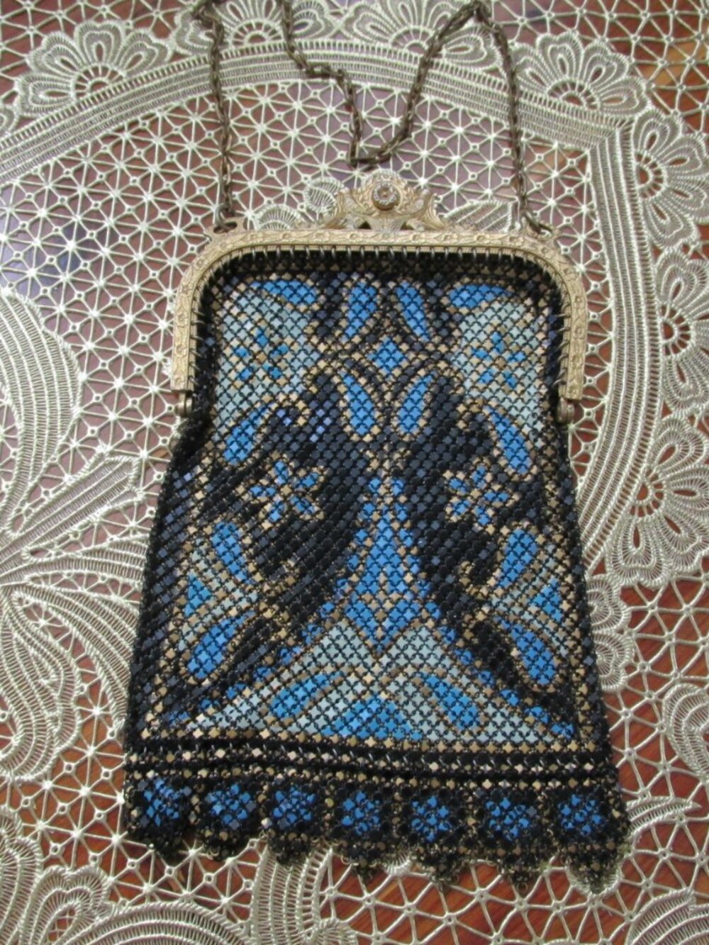 J330-1920's Vintage Mandalian Enameled Art Deco Mesh Bag with Chain Strap